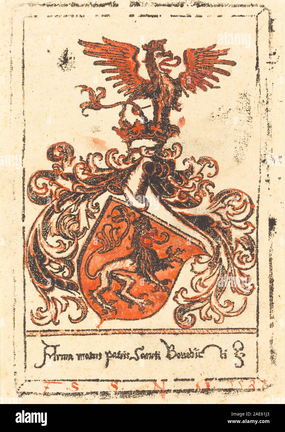 Une bibliothèque allemande de c.1500 pour l'abbaye d'Ottobeuren, montrant l'emblème héraldique, le texte, les bordures décoratives, les symboles religieux, et la conception d'estampes allemandes du début du XVIe siècle. Banque D'Images