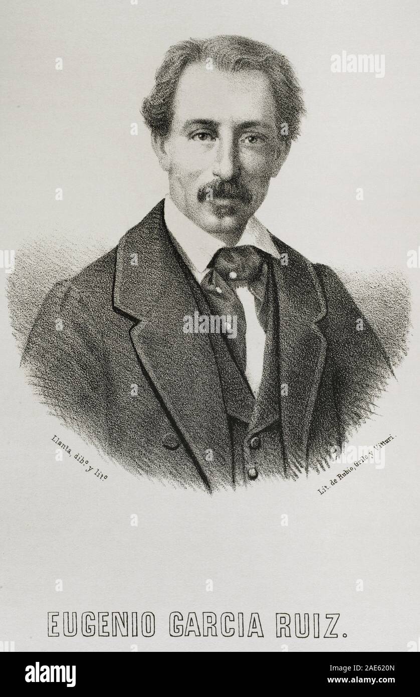 Eugenio García Ruiz (1819-1883). Político y Ensayista español. Ministro de Gobernación en 1874. Dibujo por Berr. Litografía. Crónica general de España, Historia Ilustrada Descriptiva y de sus Provincias. Tomo Asturies y Leon, 1867. Biblioteca Histórico Militar de Barcelone, Catalogne, Espagne. Banque D'Images