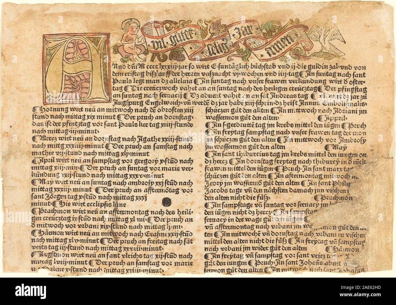 Manuscrit enluminé de 1483 allemand du XVe siècle montrant une initiale Ornementale A avec un souhait du nouvel an, y compris des motifs décoratifs, un script et des bordures. Banque D'Images