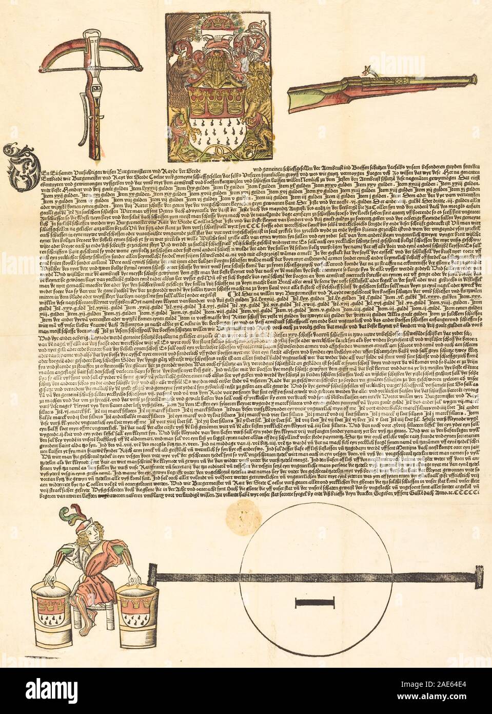 Un large côté allemand de 1501 ou plus tard invitant les participants à une compétition d'armement, montrant du texte, des symboles héraldiques, des armes, des bordures décoratives, et la conception imprimée du début du xvie siècle. Banque D'Images