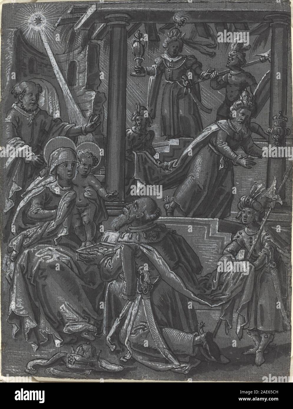L'Adoration des Rois [recto] ; ch. 1600 L'Allemand du 16ème siècle, l'Adoration des Rois (recto), c 1600 Banque D'Images