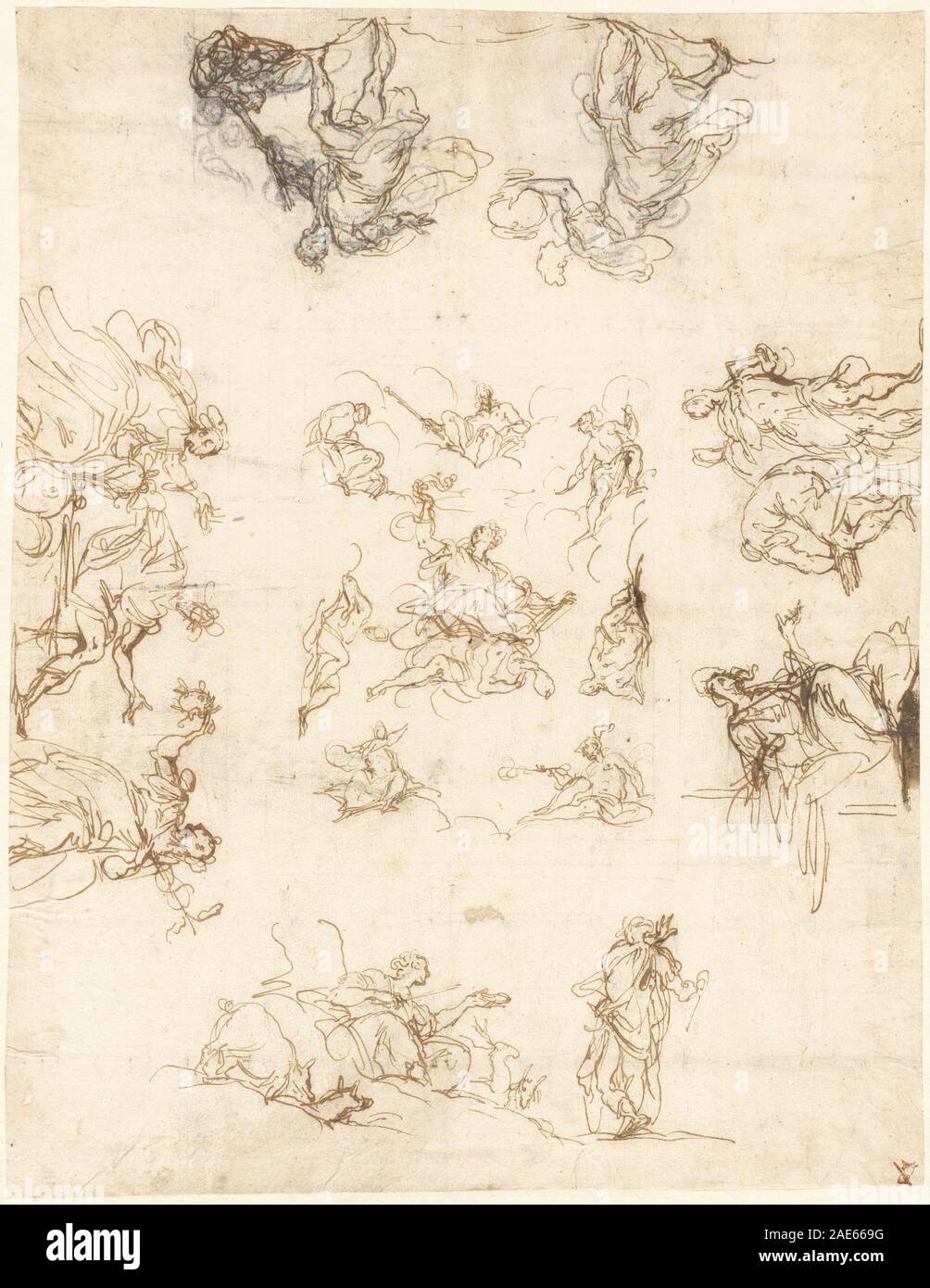 Une peinture au plafond de la fin des années 1580 par Alessandro Maganza avec des panneaux compartimentés avec des figures allégoriques et des scènes mythologiques. L’œuvre démontre le style décoratif Renaissance, la narration symbolique et l’intégration architecturale. Banque D'Images