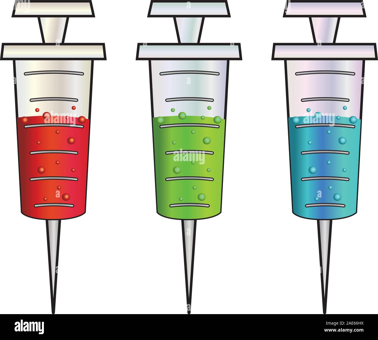 Ensemble de dessins de seringues avec du rouge, vert et bleu de liquide à l'intérieur. Illustration de Vecteur