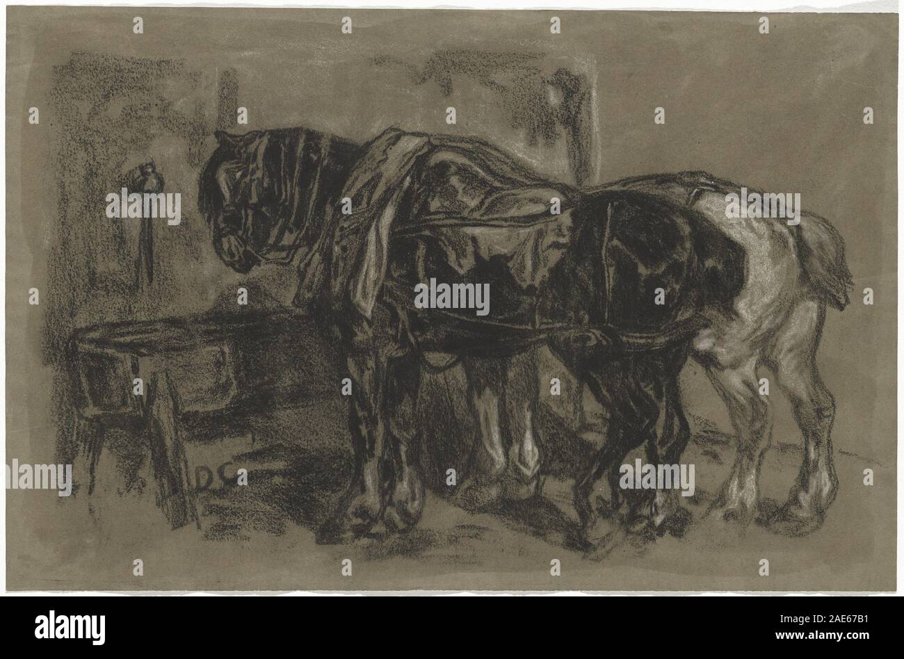 Peinture d'Alexandre-Gabriel Decamps de 1830 représentant deux chevaux de trait attelés ensemble, montrant la musculature, les détails du harnais, la posture et les conditions de travail rurales au début du XIXe siècle Banque D'Images