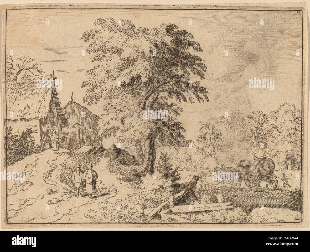 Peinture d'Allart van Everdingen datant d'environ 1645-1656 représentant une charrette dessinée par deux chevaux de trait, montrant des figures, des animaux et un paysage dans le style hollandais du milieu du XVIIe siècle. Banque D'Images