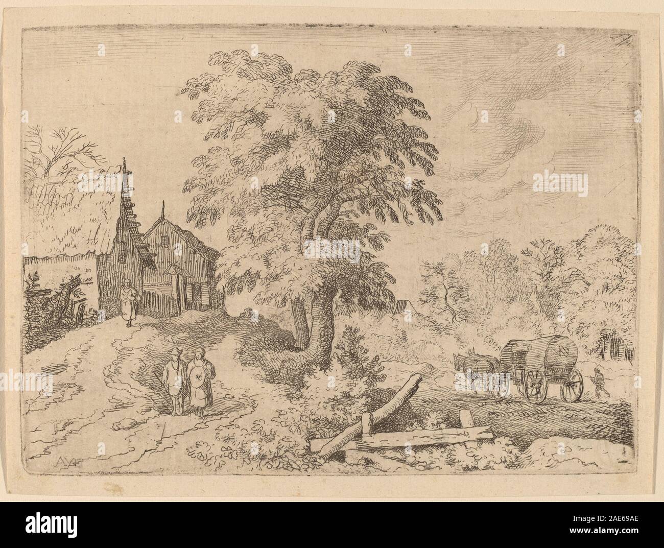 Peinture néerlandaise de l'âge d'or par Allart van Everdingen, probablement de 1645 à 1656, montrant une charrette tirée par deux chevaux de trait. La scène comprend un paysage rural, des figures et une représentation détaillée des animaux et du terrain. Banque D'Images