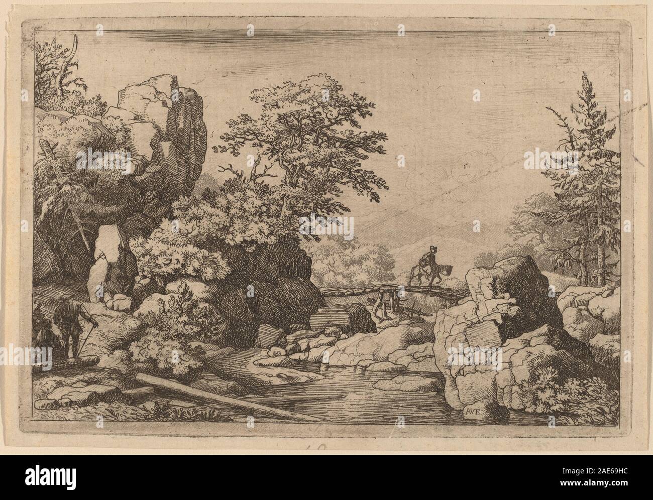 Une peinture d'Allart van Everdingen vers 1645-1656 représentant un cavalier traversant un pont. La composition met l'accent sur le cavalier, le cheval, la structure du pont, le paysage environnant et les effets atmosphériques, reflétant les conventions néerlandaises du paysage de l'âge d'or. Banque D'Images