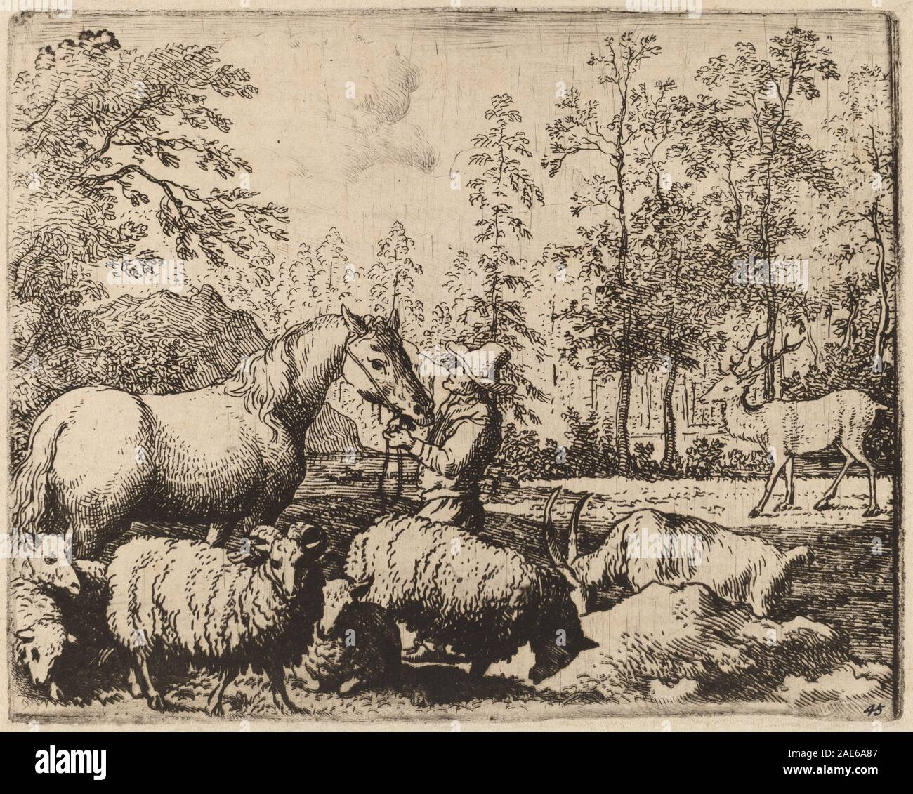 Peinture d'Allart van Everdingen datant d'environ 1645-1656 représentant un cheval et un cerf dans un paysage naturel, montrant des figures animales, un terrain boisé et une lumière naturelle. L'œuvre illustre la peinture animalière et paysagère néerlandaise du milieu du XVIIe siècle. Banque D'Images