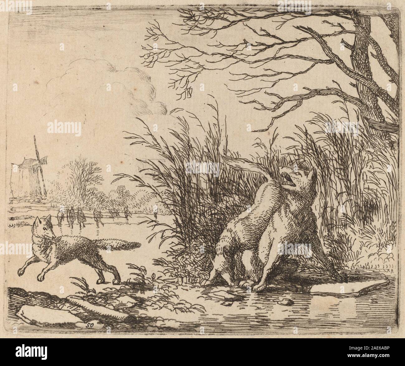 Les loups sur la glace, peint par Allart van Everdingen vers 1645-1656, montre des loups se déplaçant à travers un paysage glacé avec de l'eau gelée, de la neige et de la végétation naturelle, reflétant la peinture du XVIIe siècle en Europe du Nord. Banque D'Images