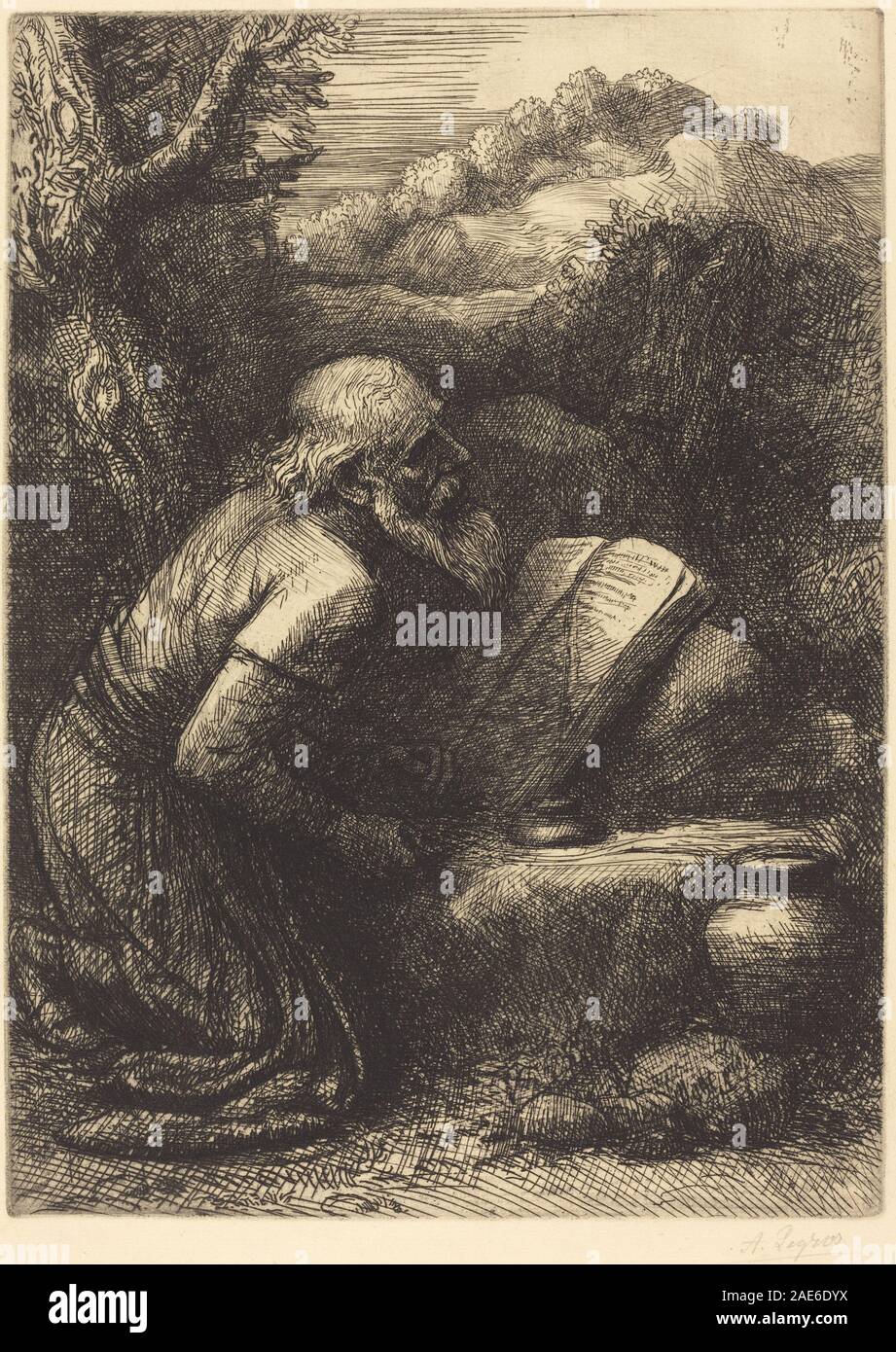 Gravure d'Alphonse Legros montrant Saint Jérôme, mettant l'accent sur les traits du visage, la posture assise, les objets savants et l'iconographie religieuse européenne du XIXe siècle. Banque D'Images