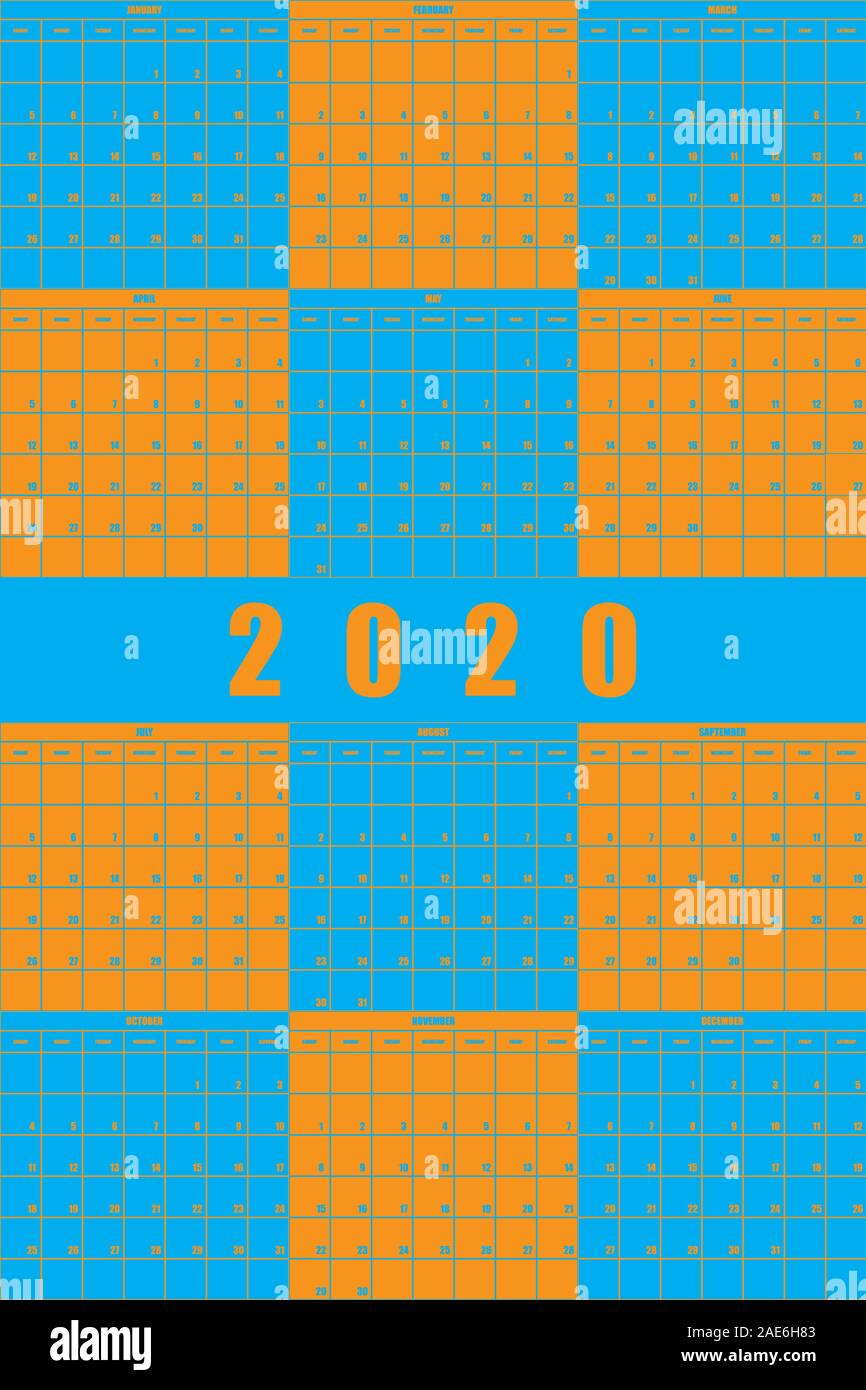 Planificateur annuel 2020 Calendar grand impact espace modifiable bleu orange arrière-plan de jeu Illustration de Vecteur