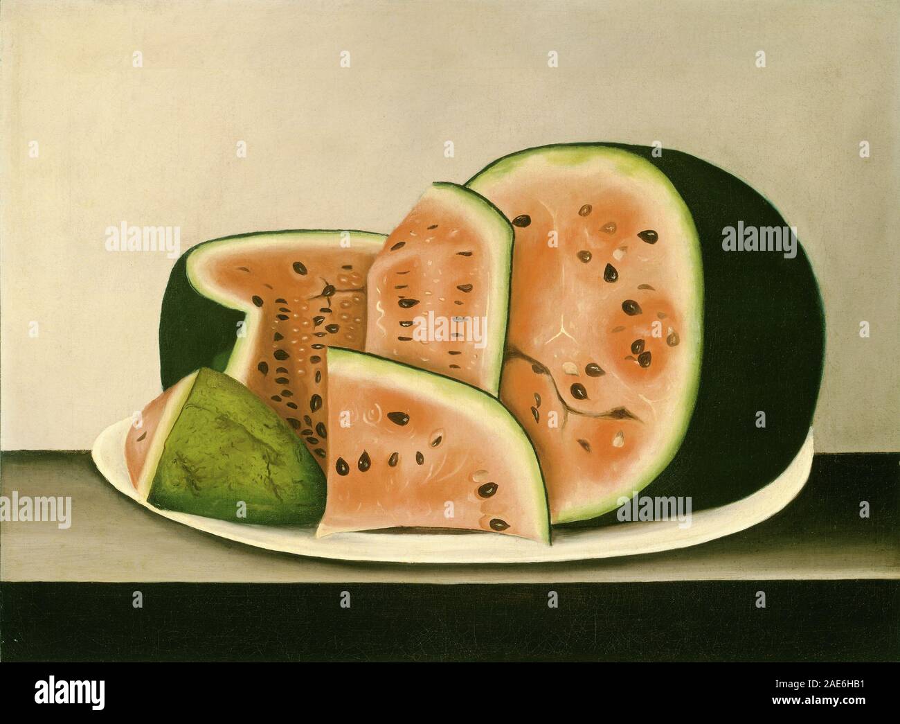 Peinture de nature morte d'une pastèque sur une assiette, milieu du XIXe siècle, américaine, montrant des fruits, assiette, surface de table, couleur naturaliste, ombrage et composition dans le style de nature morte du xixe siècle. Banque D'Images
