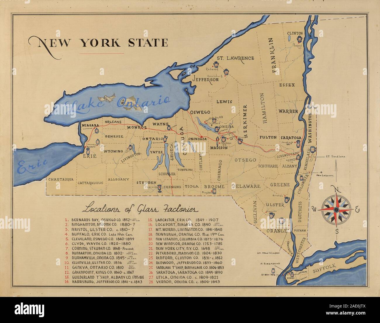 Une carte détaillée de l'État de New York créée au XXe siècle américain entre 1935 et 1942, montrant les villes, les villages, les rivières, les routes, et géographiques avec précision. Banque D'Images