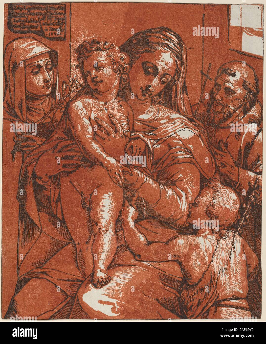 Une estampe d'Andrea Andreani d'après Jacopo Ligozzi de 1585 représentant Madone et enfant accompagnés de saints. Met l'accent sur les figures, les gestes, les draperies, les halos et la composition religieuse. Banque D'Images