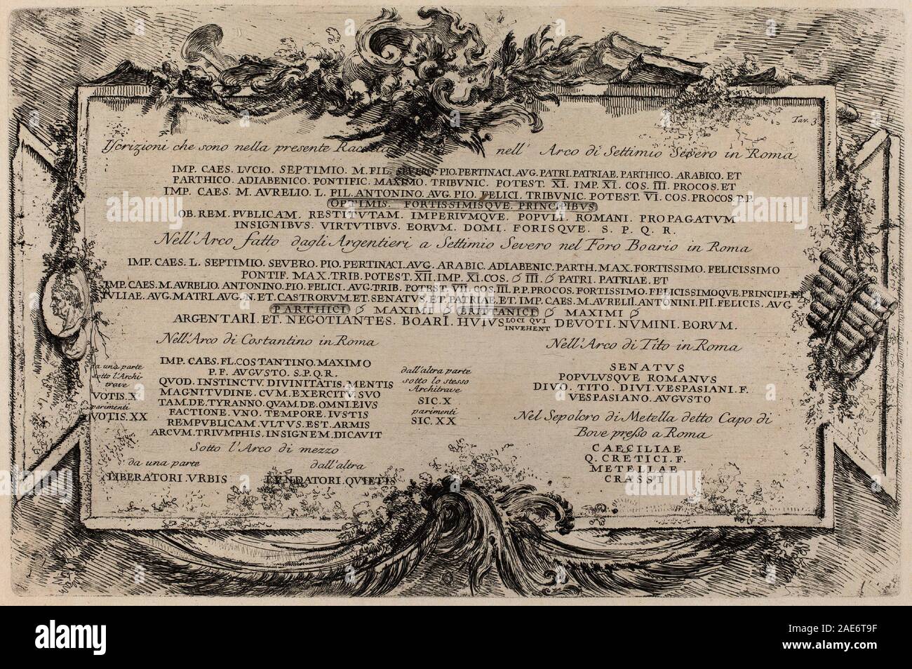 Plaque de texte. En date du : 1748. Technique : gravure sur bois sur papier. Musée : National Gallery of Art, Washington DC. Auteur : Giovanni Battista Piranesi. Banque D'Images