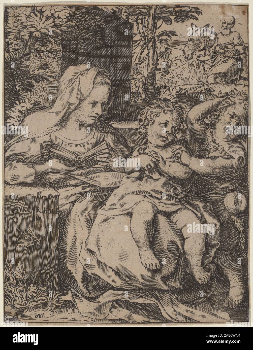 Une peinture d'Annibale Carracci de 1587 représentant la Vierge avec une hirondelle. Met en évidence les figures, les gestes, les draperies, les oiseaux, le symbolisme religieux, et composition. Banque D'Images