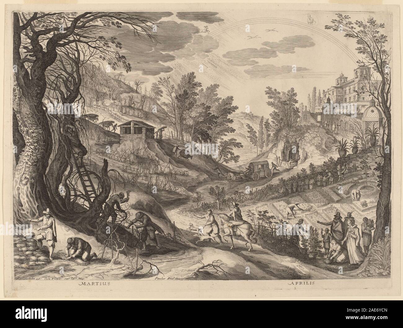 Mars et avril ; date de 1615 Aegidius Sadeler II après Paul Bril, mars et avril, 1615 Banque D'Images