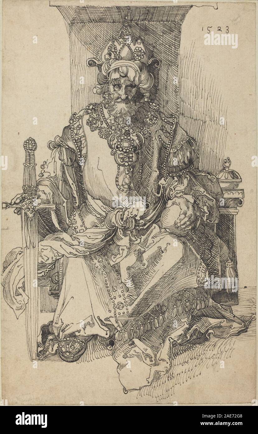 Une gravure de 1523 d'après Albrecht Dürer représentant un souverain oriental assis sur un trône, montrant la tenue royale, le sceptre, la couronne, la posture assise, arrière-plan détaillé, et début du XVIe siècle style de gravure européen. Banque D'Images