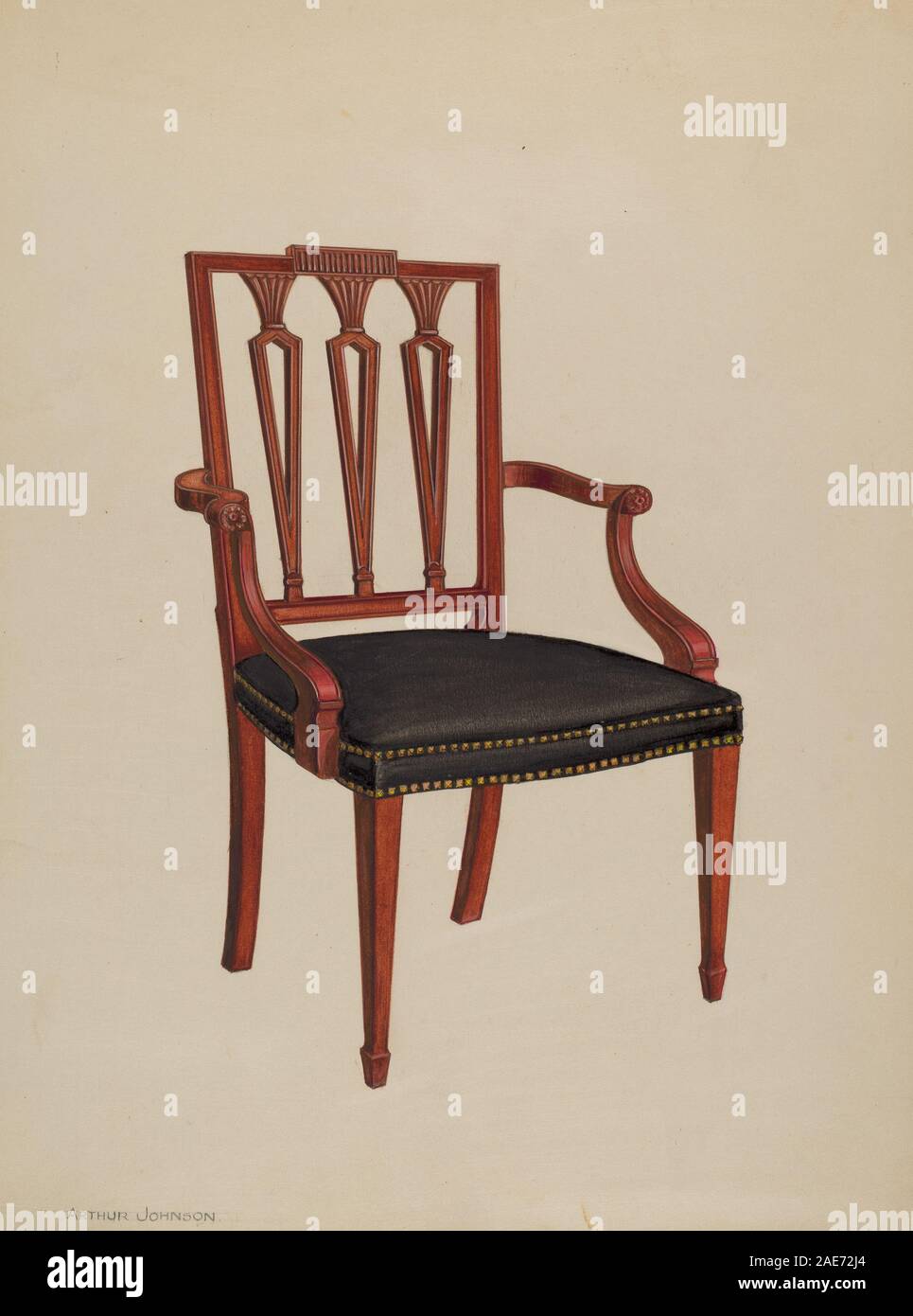 Un fauteuil réalisé vers 1937 par Arthur Johnson, avec cadre en bois, assise et dossier rembourrés, appuie-bras, design fonctionnel et artisanat américain du XXe siècle. Banque D'Images