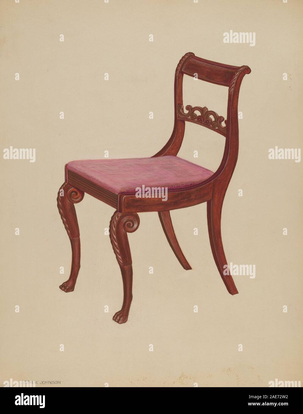 Une chaise latérale en bois faite par Arthur Johnson en 1937, montrant dossier, siège, quatre pieds, sièges fonctionnels, et l'artisanat américain du début du XXe siècle. Banque D'Images