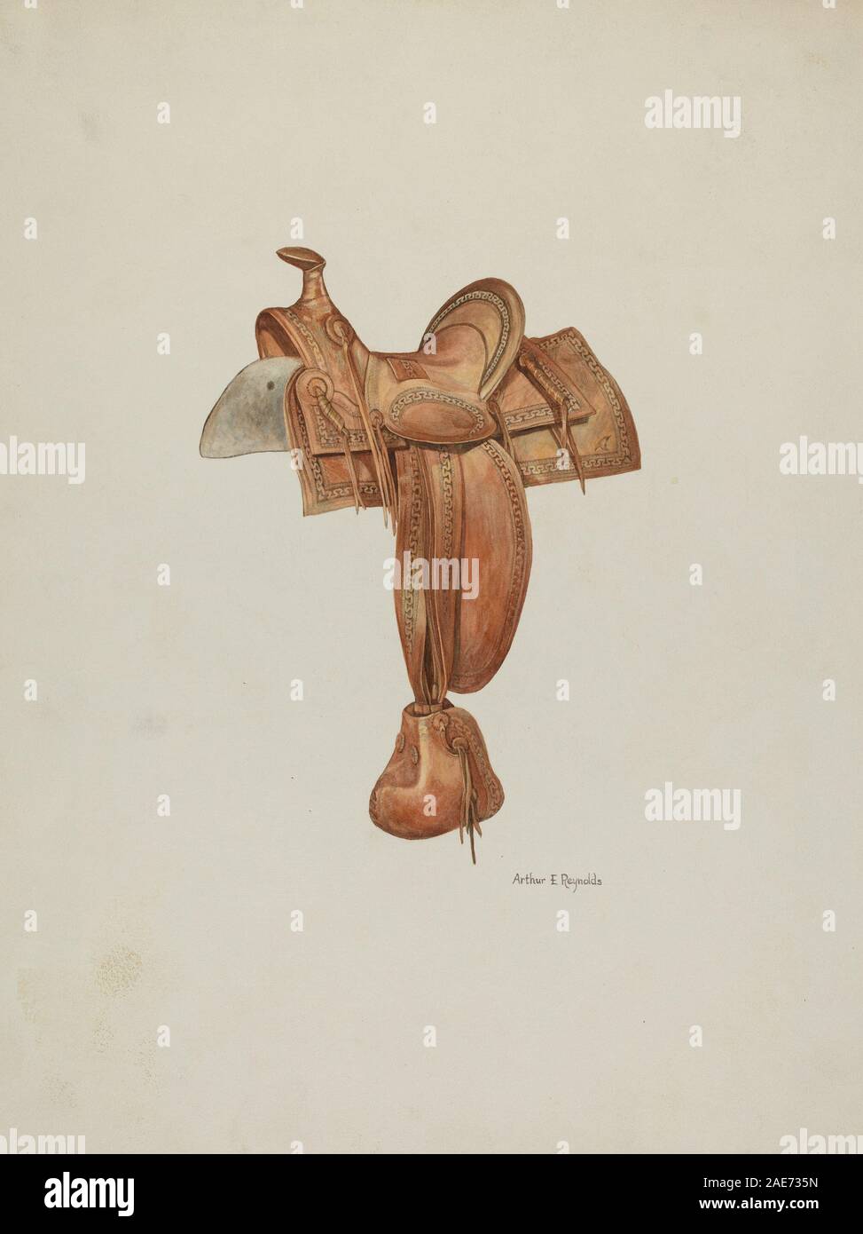 Selle en cuir conçue par Arthur P. Reynolds vers 1940, avec étriers, selle, pommeau et artisanat adapté à l'équitation. Banque D'Images