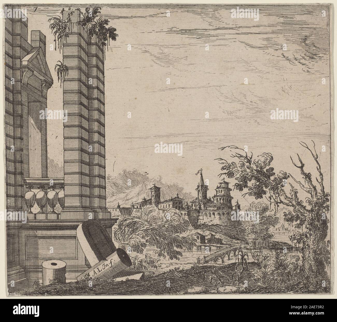 Paysage avec ruines ; date du 17ème siècle attribué à Antonio Francesco, Gérant Paysage avec ruines, 17e siècle Banque D'Images