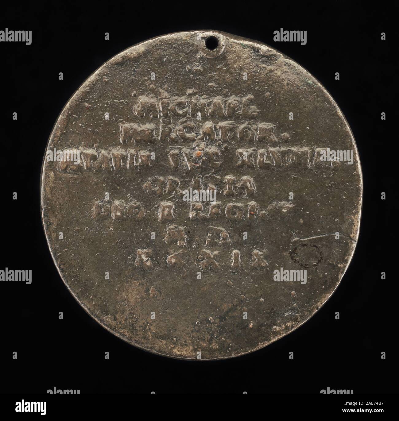 Revers d'une médaille attribuée à Friedrich Hagenauer, 1539, montrant une inscription gravée, une bordure ornementale, des lettres, et style médallique européen du 16ème siècle. Banque D'Images