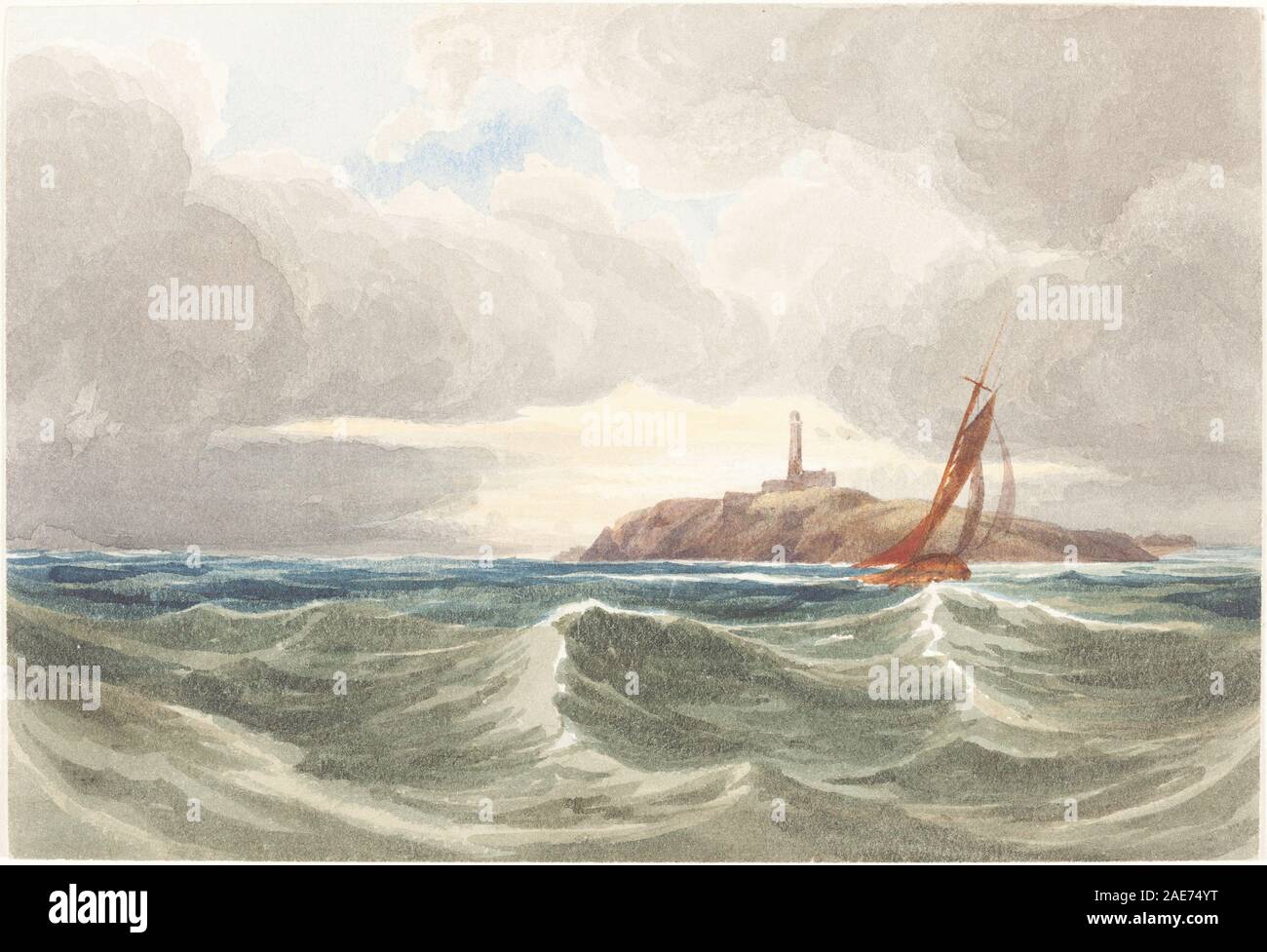 Tableau attribué à James Bulwer montrant un paysage marin avec phare, falaises, eau, ciel et style paysager britannique du début du XIXe siècle. Banque D'Images