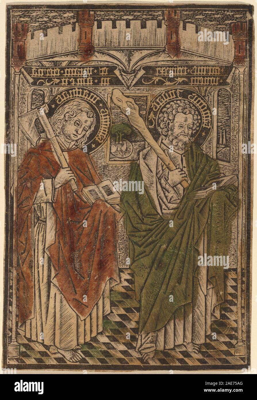 Tableau attribué à Maître d de 1450-1460 représentant les saints Matthias et Jude avec des articles du Credo, montrant des figures, des gestes, des draperies et le style religieux italien du milieu du XVe siècle. Banque D'Images