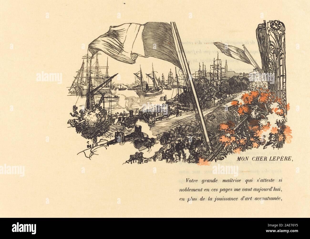 Page de dédicace, publiée en 1900 par Auguste Lepère, montre la mise en page du texte, les éléments ornementaux, les bordures, la typographie, et design typique de la publication imprimée française du début du XXe siècle. Banque D'Images