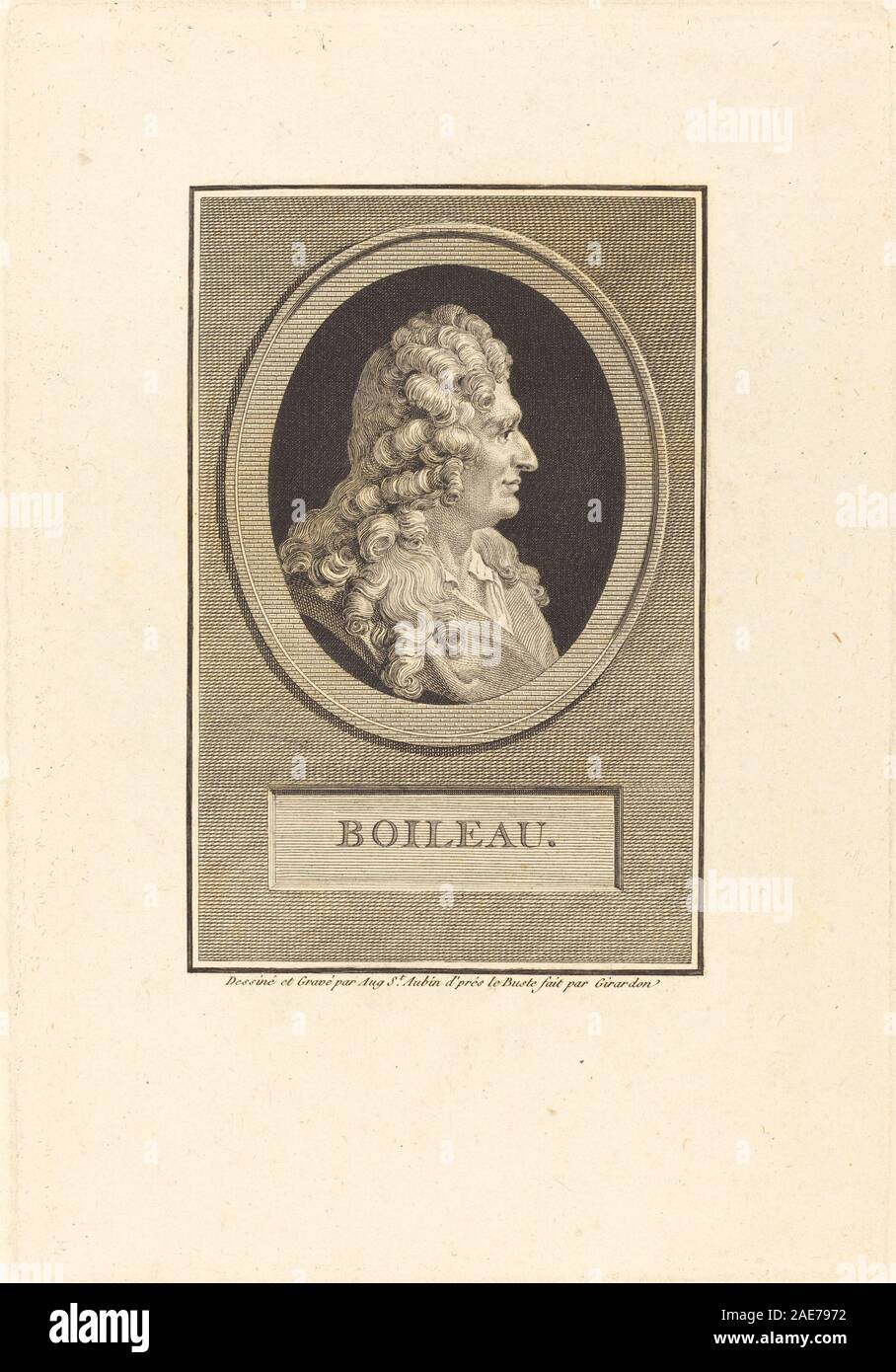Gravure du portrait de Despreaux-Nicolas Boileau, montrant les traits détaillés du visage, la tenue vestimentaire et la pose formelle, créé par Augustin de Saint-Aubin d'après François Girardon en 1800. Banque D'Images