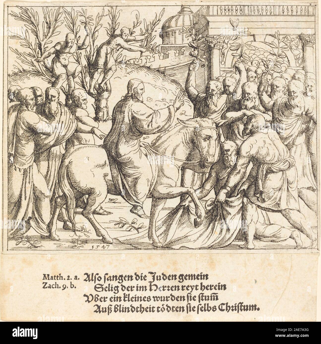 Gravure d'Augustin Hirschvogel de 1547 représentant la scène biblique de l'entrée à Jérusalem, montrant Jésus, disciples, foule, branches de palmier, et éléments architecturaux de la ville. Banque D'Images