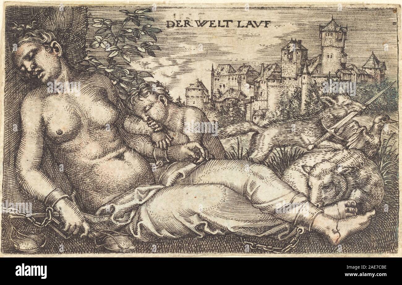 Gravure représentant l'allégorie de la Justice endormie, créée en 1525 par Barthel Beham, montrant une figure couchée, des écailles, une épée et une composition symbolique. Banque D'Images