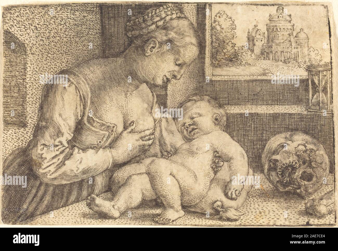 Cette gravure des années 1520 de Barthel Beham représente la Vierge tenant un crâne. L’œuvre met l’accent sur la figure, l’expression, la draperie et la représentation symbolique de la mortalité. Banque D'Images