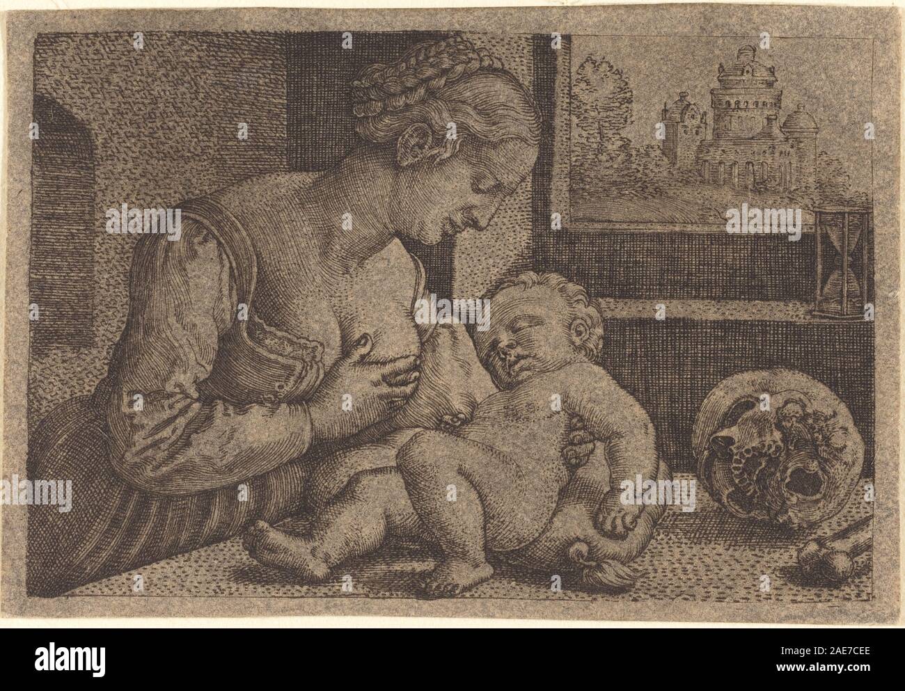 Gravure de Barthel Beham représentant la Vierge tenant un crâne, illustrant le symbolisme religieux, la composition de figures et les techniques de gravure du XVIe siècle. Banque D'Images