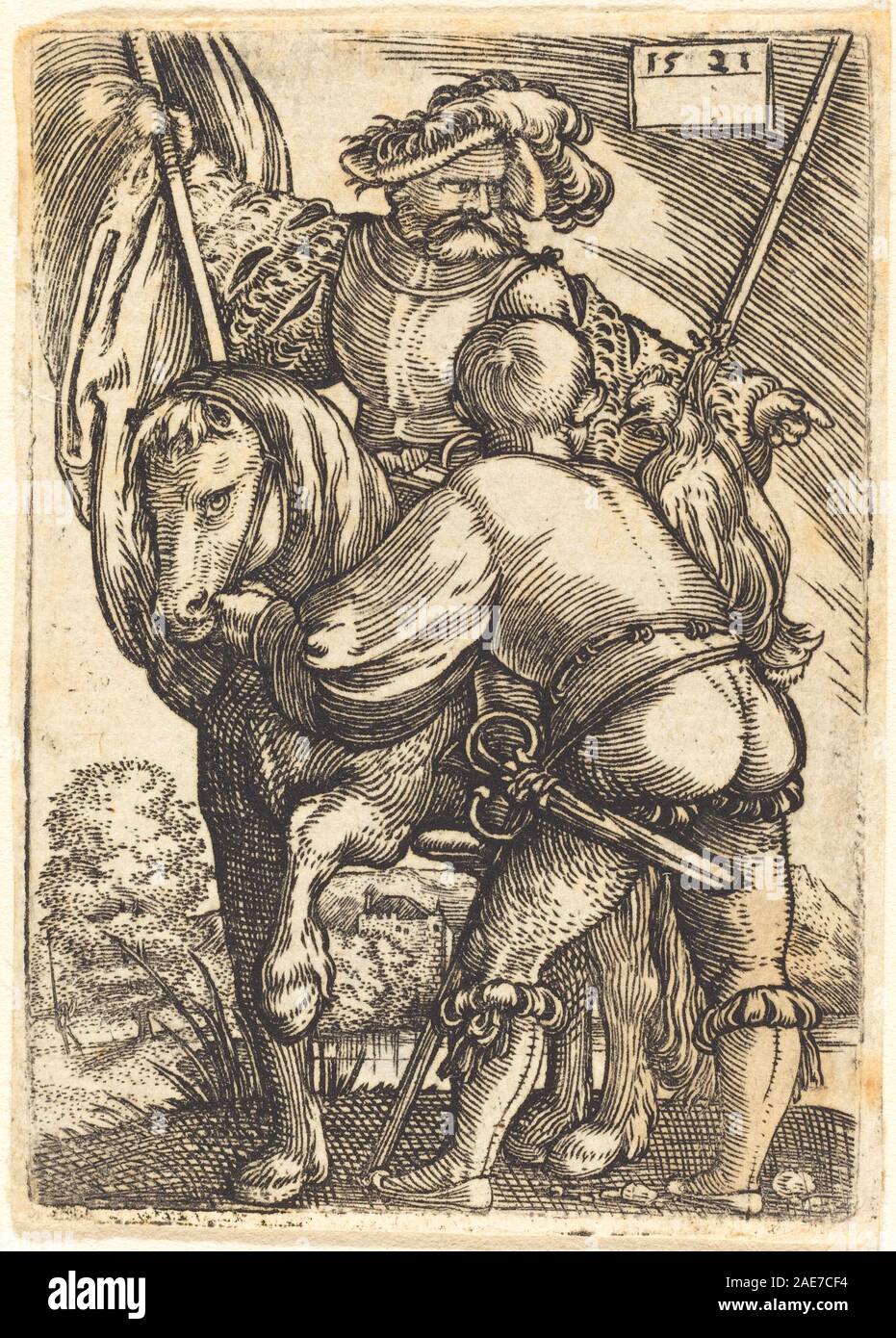 Un dessin de Barthel Beham de 1521 représentant un porte-étendard accompagné d'un soldat de pied. La composition met l'accent sur les figures, la posture, l'armure, l'armement, le cheval, mouvement et techniques de dessin de la Renaissance allemande. Banque D'Images