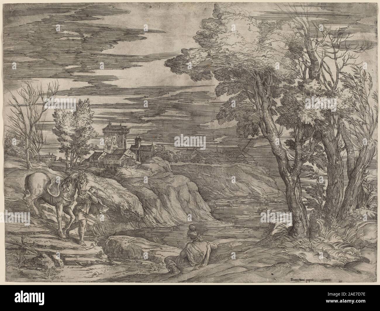 Paysage avec un homme menant un cheval Battista Franco après le Titien, paysage avec un homme menant un cheval Banque D'Images