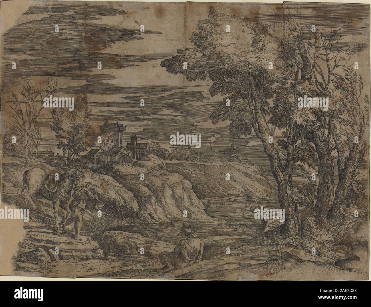 Paysage avec un homme menant un cheval Battista Franco, après le Titien, paysage avec un homme menant un cheval Banque D'Images