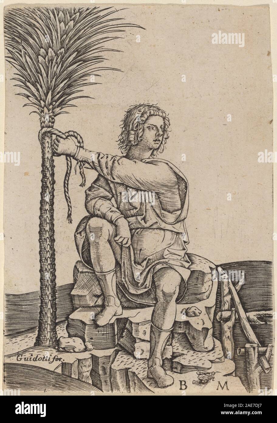 Gravure de Benedetto Montagna, vers 1510-1515, montrant un homme assis près d'un palmier. L'œuvre illustre l'étude de figures, le cadre naturel et la gravure de la Renaissance. Banque D'Images