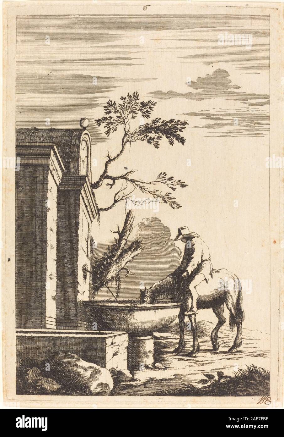 Une estampe de Bernhard Zaech d'après Jonas Umbach, vers 1650, représentant un cheval et un cavalier à une fontaine. La composition met l'accent sur l'anatomie du cheval, la posture du cavalier, les caractéristiques de l'eau, l'architecture de la fontaine, le paysage, et les techniques européennes de gravure du XVIIe siècle. Banque D'Images