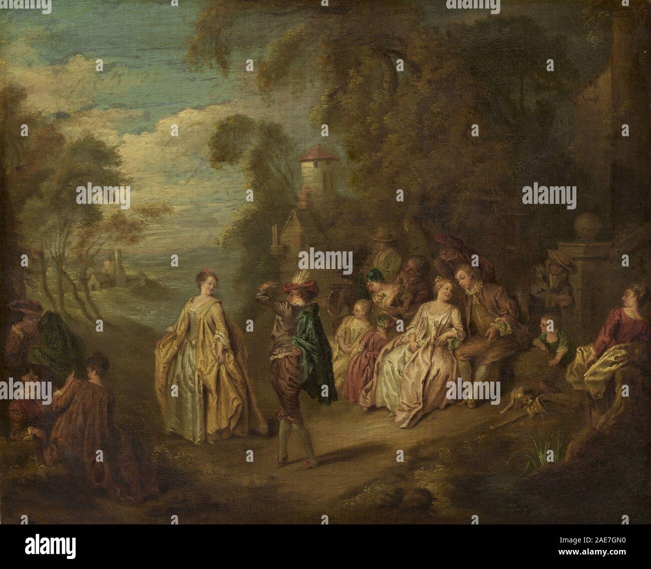 Peinture rococo représentant une fête en plein air avec des figures élégamment habillées, des arbres, de la musique, de la danse et un paysage pastoral, D'après Jean-Baptiste Joseph Pater, XVIIIe ou XIXe siècle. Banque D'Images