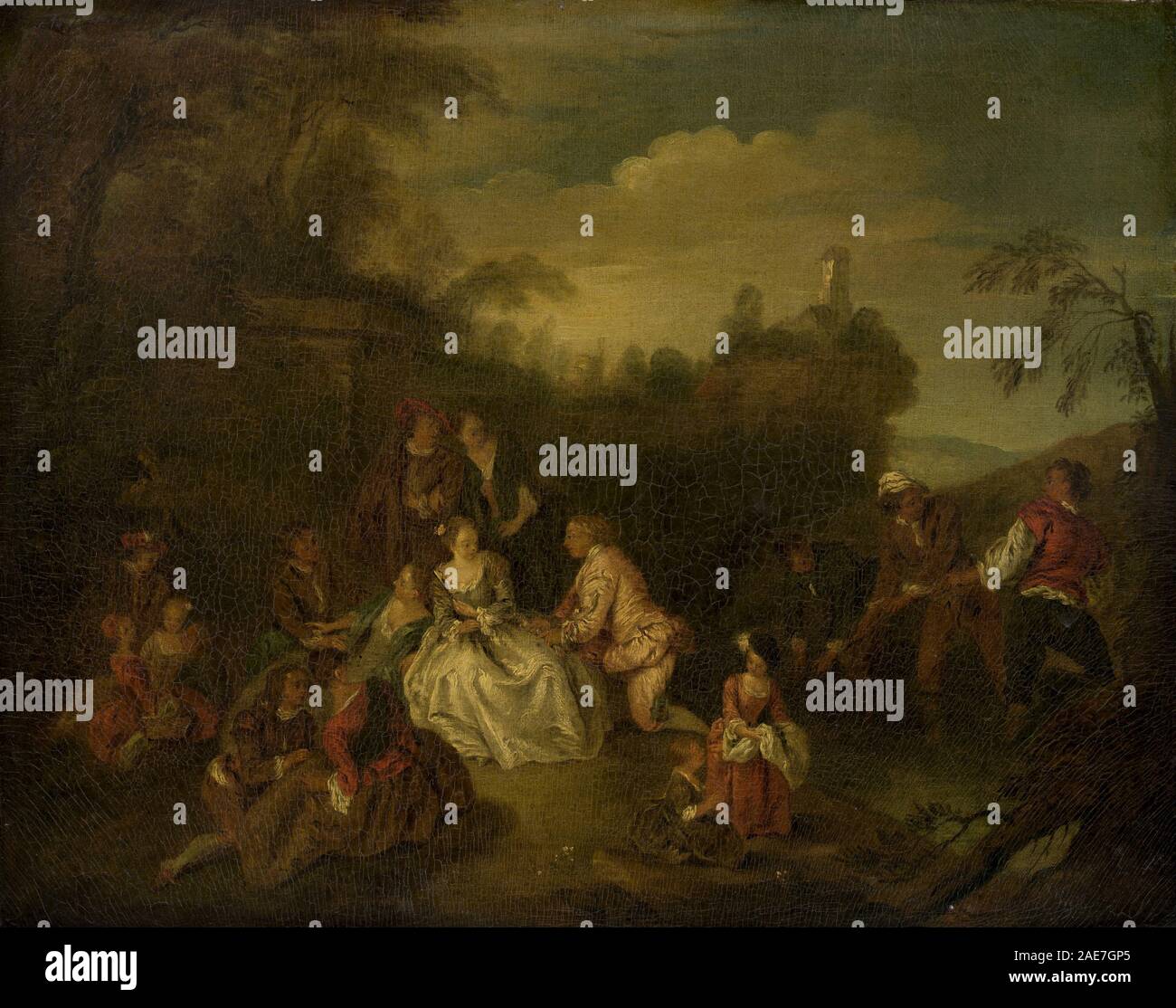 Peinture d'après Jean-Baptiste Joseph Pater, XVIIIe ou XIXe siècle, montrant des pêcheurs présentant des cadeaux, des figures, des bateaux, de l'eau, des gestes, paysage, et scène maritime. Banque D'Images