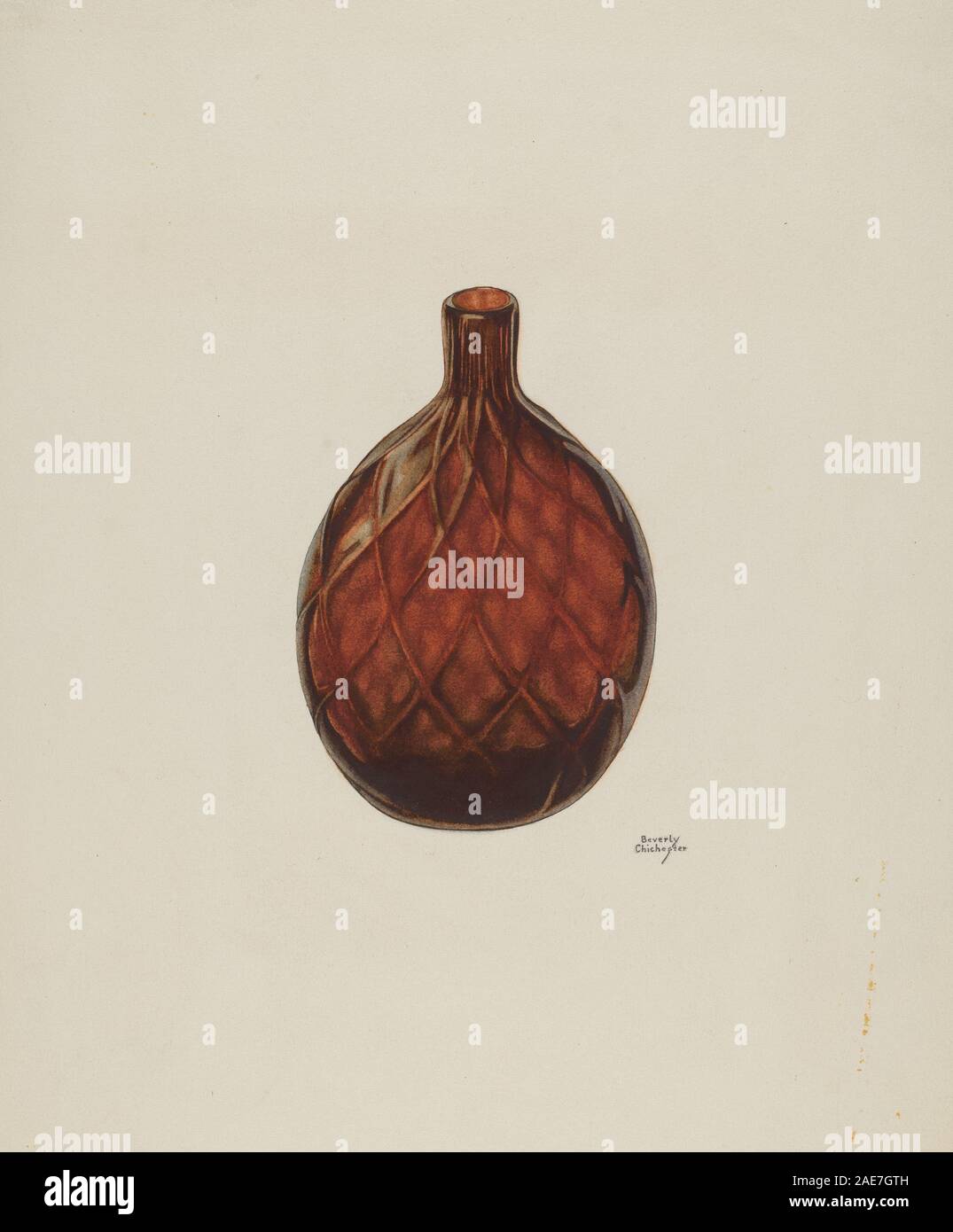 Flacon créé par Beverly Chichester vers 1940, montrant un corps cylindrique, un col étroit, un bouchon et une conception fonctionnelle pour contenir des liquides. Banque D'Images