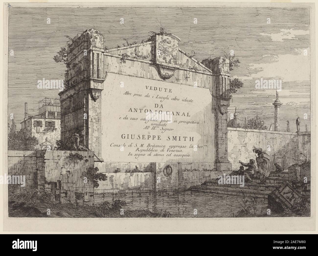 Représente une plaque de titre conçue par Canaletto entre 1735 et 1746, montrant du texte gravé ou peint, des bordures décoratives et des motifs architecturaux ou scéniques, utilisés pour l'identification ou l'étiquetage d'œuvres d'art ou de cartes. Banque D'Images