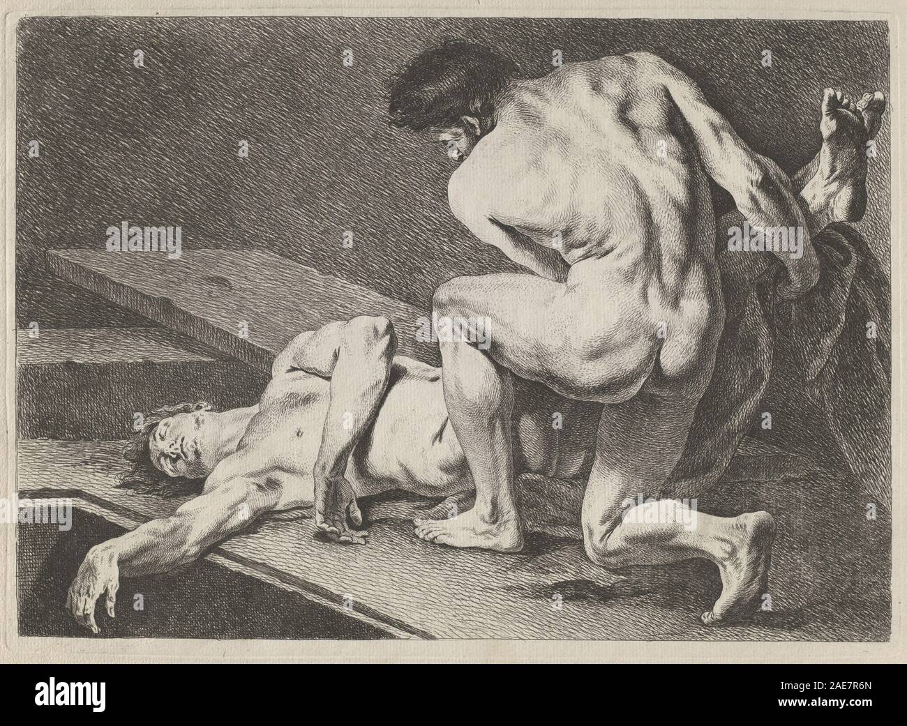 Une inhumation, peinte vers 1743 par Carle Van Loo, représente l'enterrement du Christ dans une tombe. L'œuvre met l'accent sur la peinture religieuse française du XVIIIe siècle, la composition, les figures et le récit de dévotion. Banque D'Images