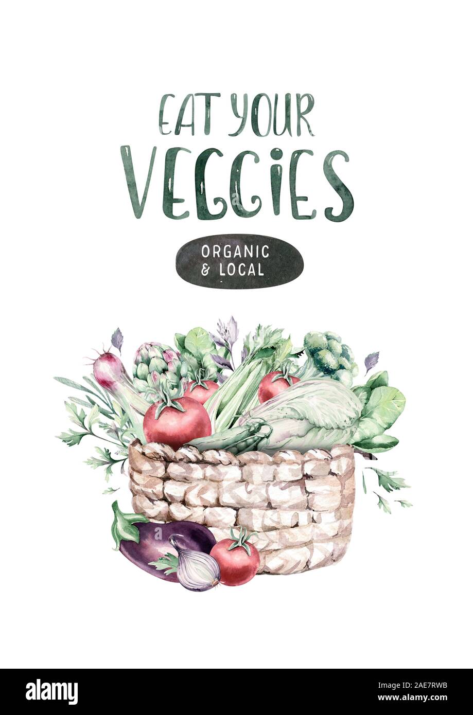 Légumes biologiques sains aquarelle boîte en bois et panier en osier avec le poivron, le poireau, l'oignon et l'avocat de la vitamine l'illustration. Une laitue isolés Banque D'Images