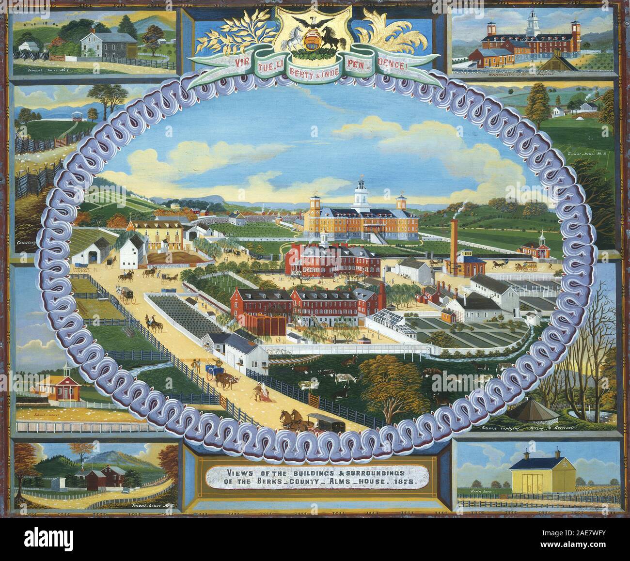 Une représentation de Berks County Almshouse par Charles C. Hofmann de 1878, montrant l'extérieur du bâtiment, plusieurs étages, des fenêtres et l'architecture institutionnelle américaine du XIXe siècle. Banque D'Images