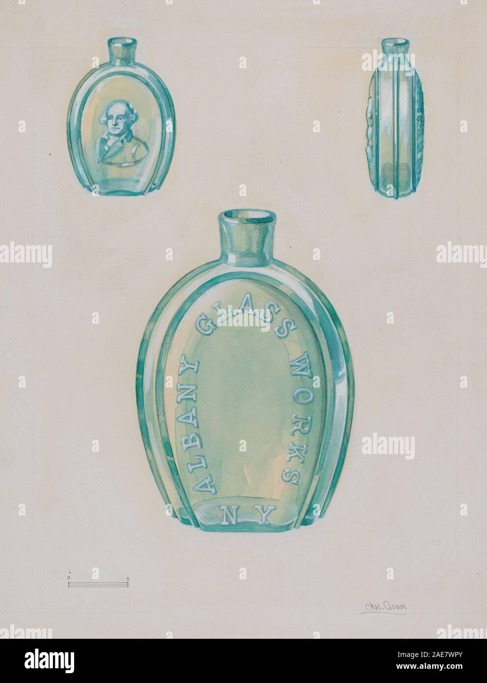 Flacon fabriqué circa 1936 par Charles Caseau, montrant corps cylindrique, col étroit, bouchon, matériau, et conception fonctionnelle pour contenir des liquides. Banque D'Images
