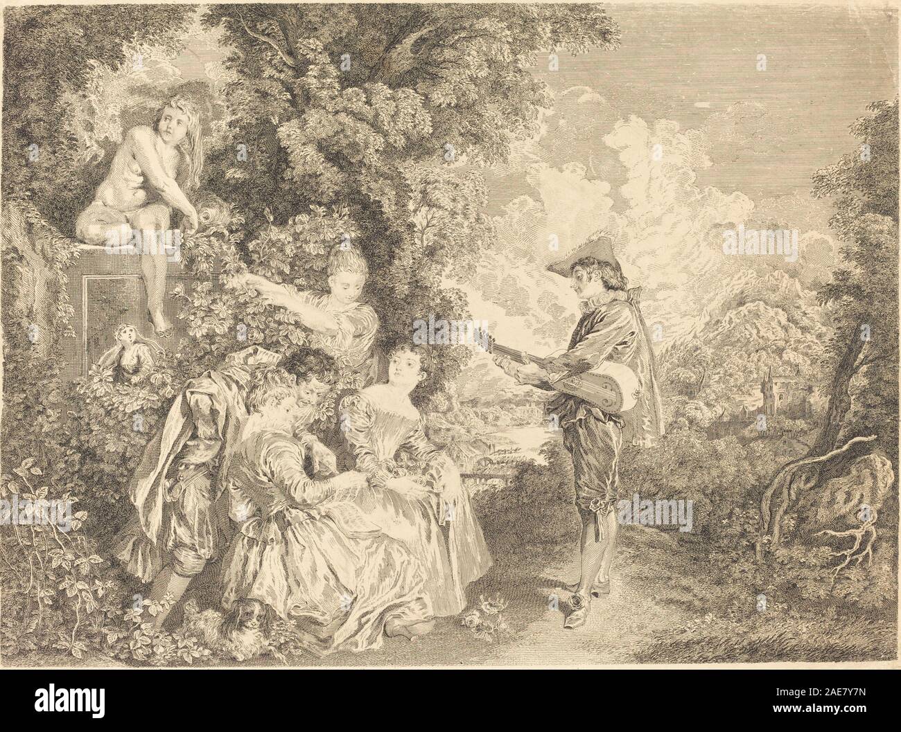Leçon d'amour, de Charles Dupuis d'après Antoine Watteau vers 1734, dépeint une scène intime d'interaction romantique entre personnages dans un paysage. L'œuvre met l'accent sur les figures humaines, le geste, la composition, les vêtements, les expressions faciales, disposition spatiale et détails du paysage. Il reflète la peinture de genre rococo française du début du XVIIIe siècle. Banque D'Images