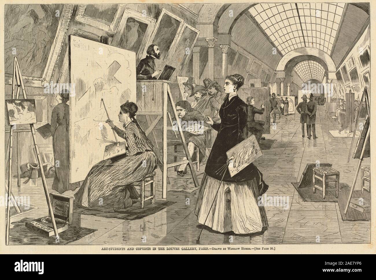 Un tirage de 1868 d'après Winslow Homer représentant des étudiants en art et des copistes travaillant à la Galerie du Louvre à Paris, montrant des figures, des croquis, des chevalets, de l'espace de la galerie, conventions d'études artistiques françaises du milieu du XIXe siècle. Banque D'Images